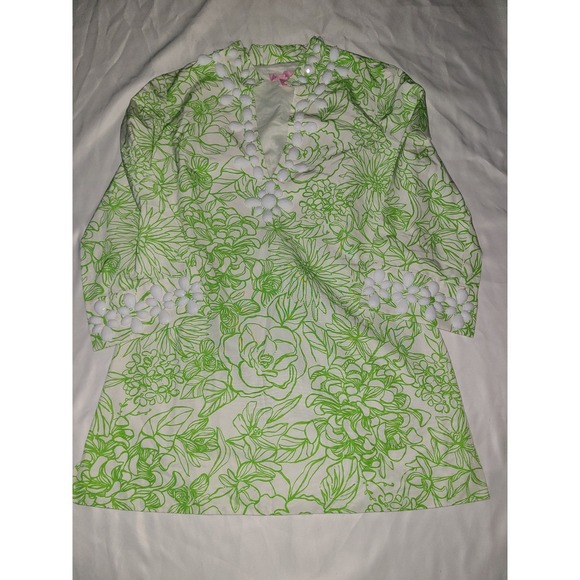 Lilly Pulitzer Tunic Top Green Floral Embellished V Neck 3/4 Sleeve Size 6 - Picture 1 of 15